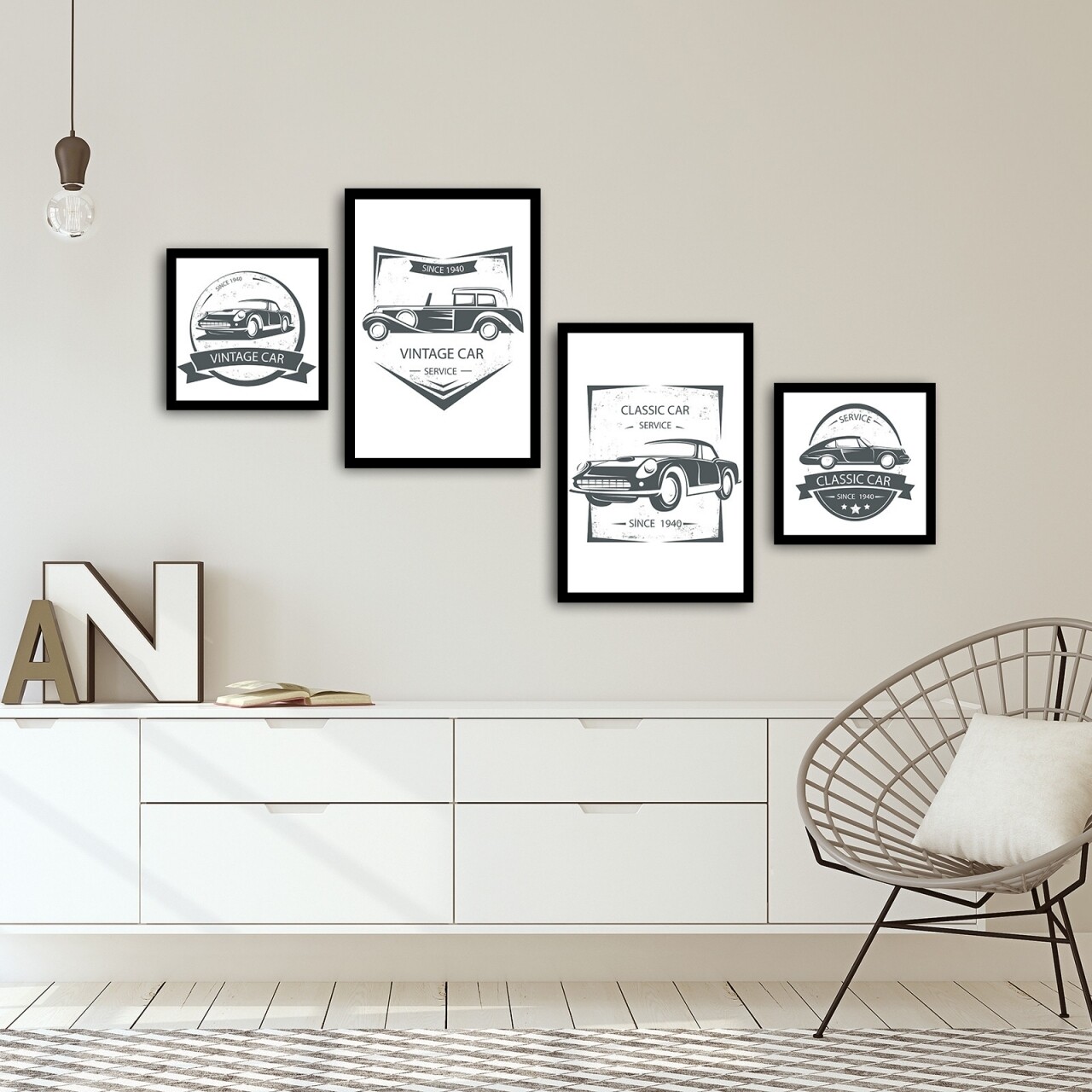 Set 4 tablouri decorative, Alpha Wall, Vintage Car, 30x30/35x50 cm - imagine 3